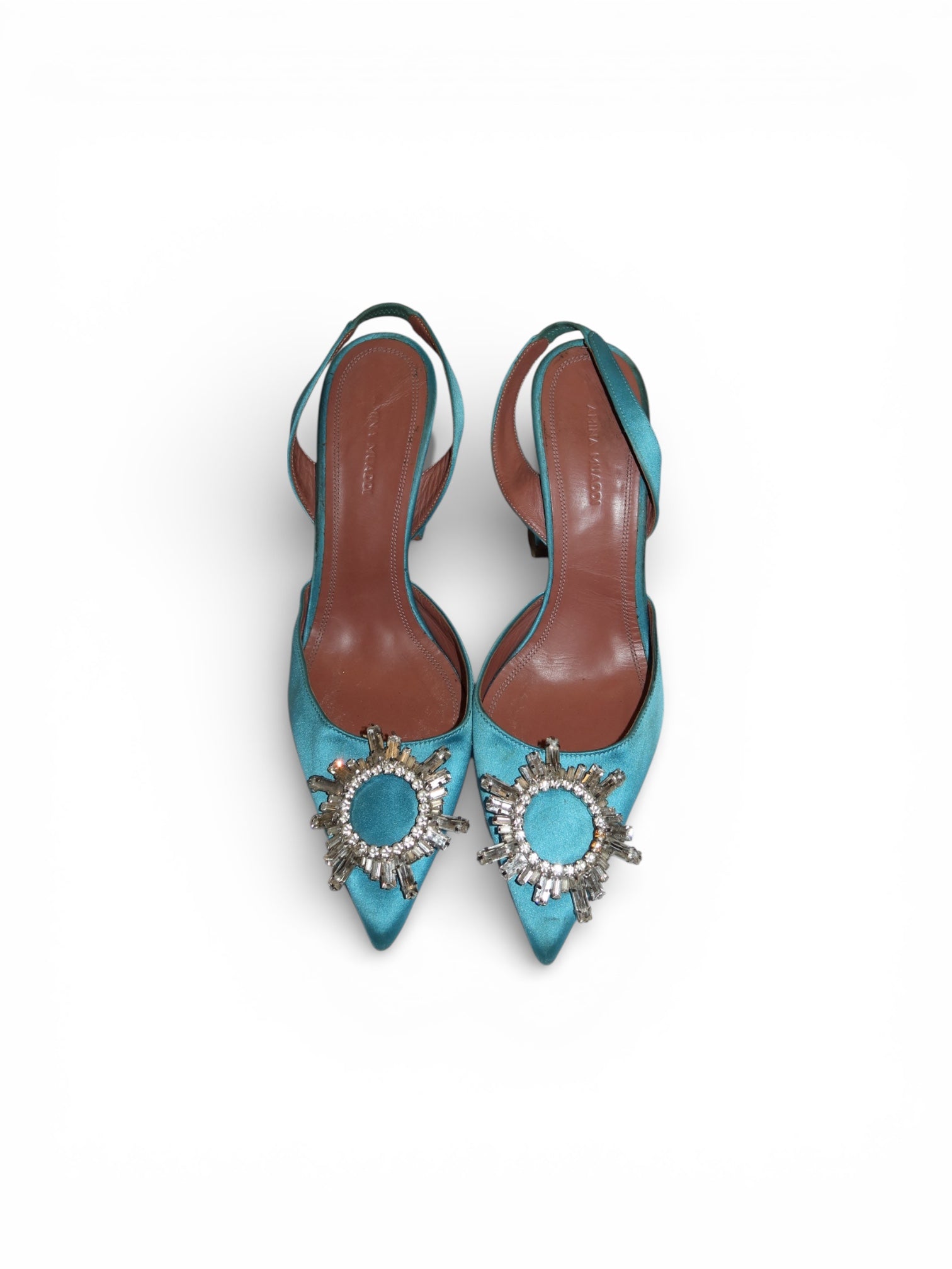 Aquazurra Gatsby Sling 105 Satin Pumps (Crystal Brooch/Teal)