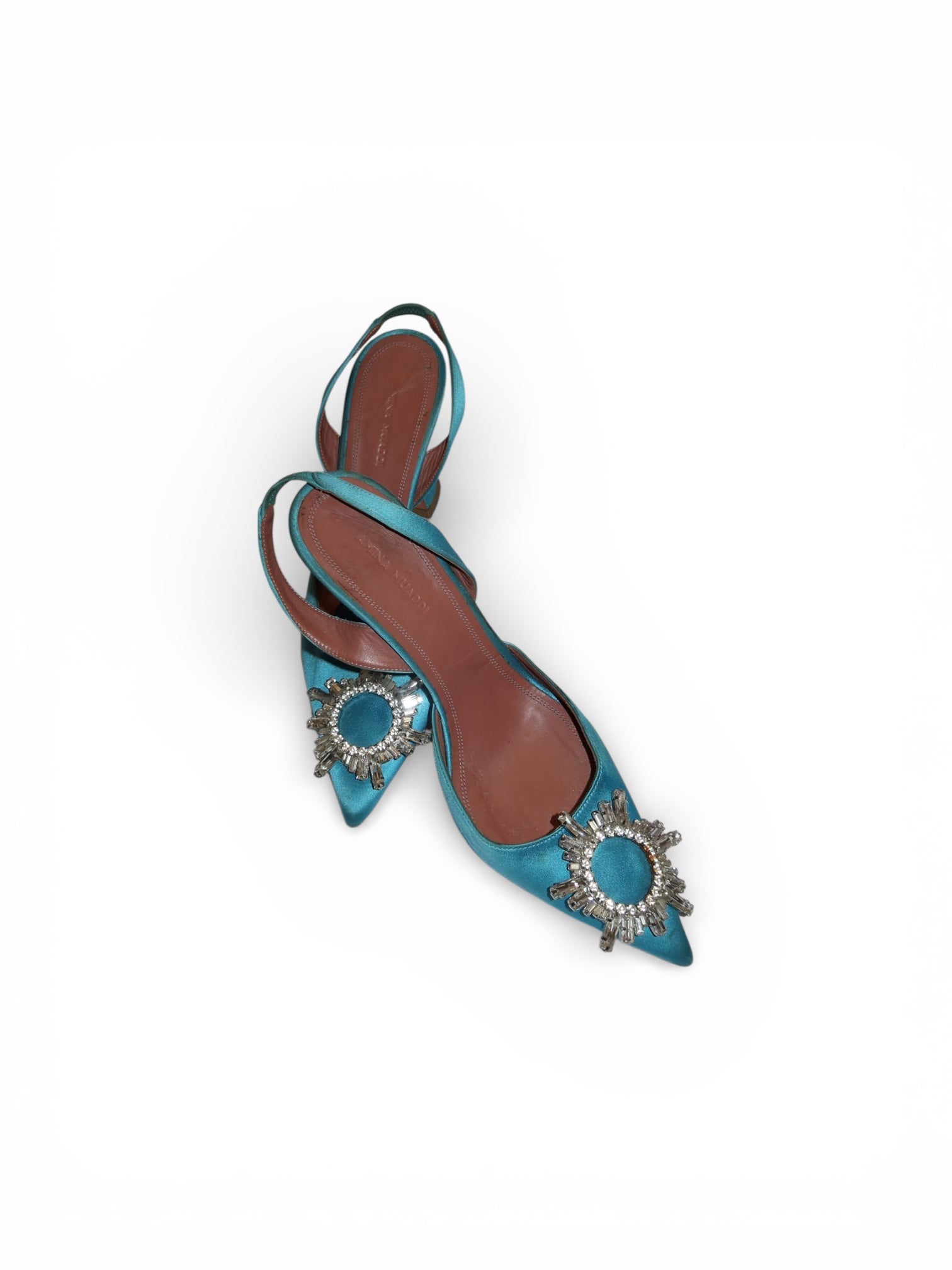 Aquazurra Gatsby Sling 105 Satin Pumps (Crystal Brooch/Teal)