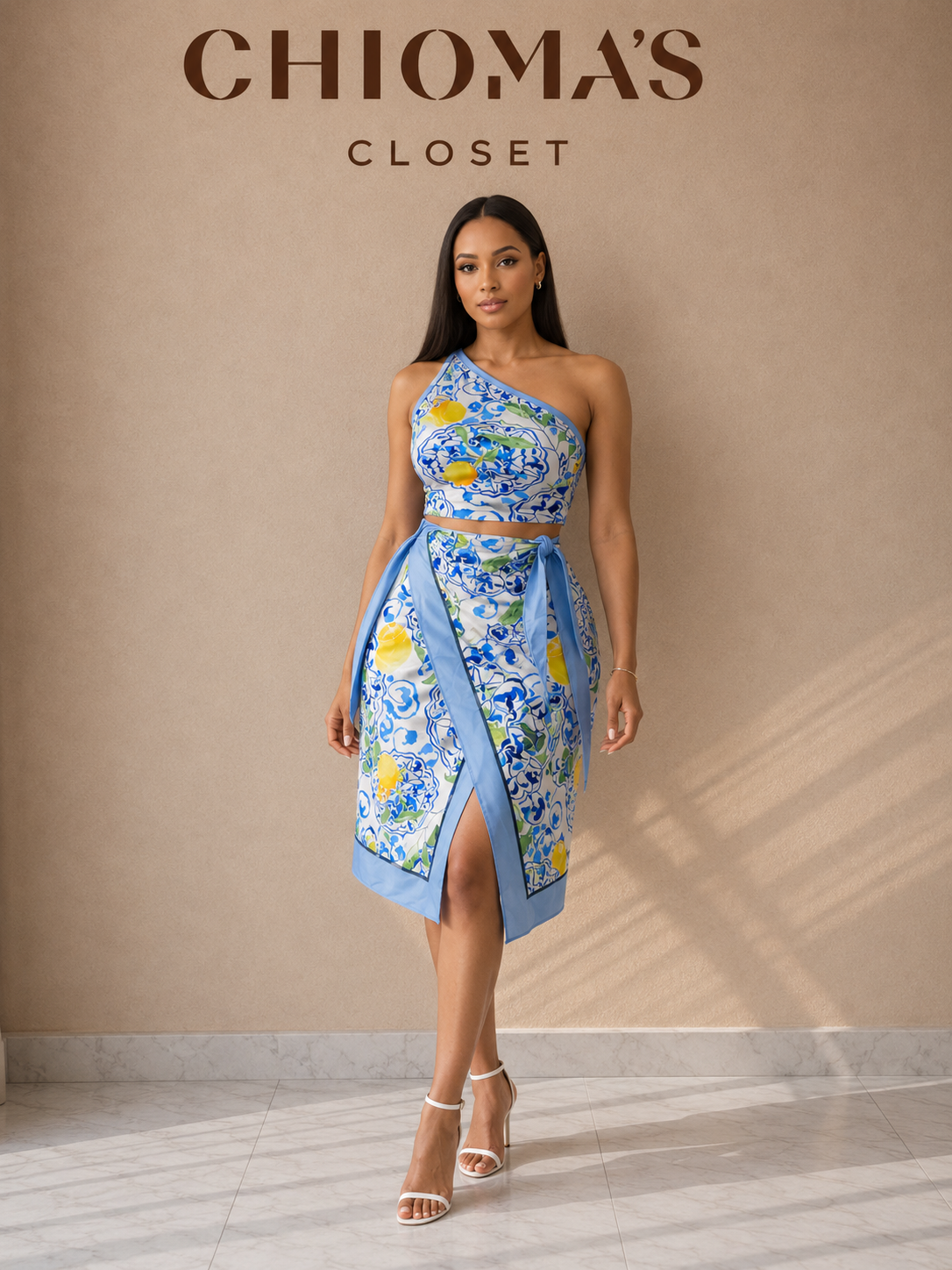 Lemon Print with Wrap Skirt and Tie-shoulder Top