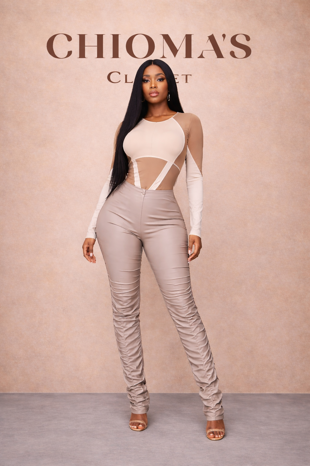 Cream Leather Bodysuit and Pant Set