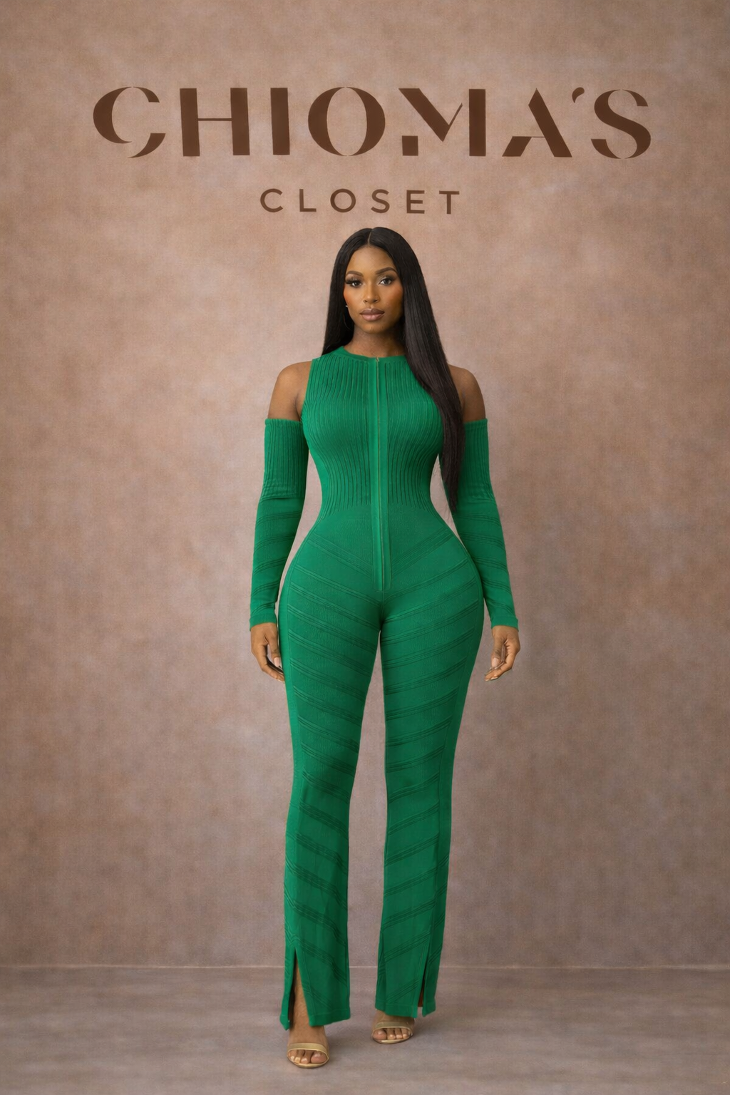 Green Ribbed Knit Jumpsuit