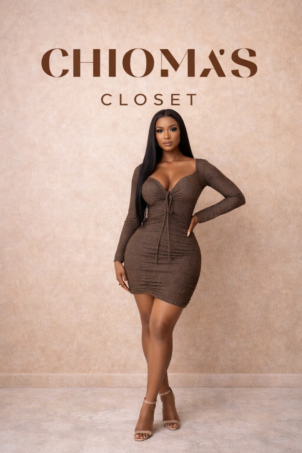 Metallic Bronze Ruched Bodycon Dress With Deep Neckline