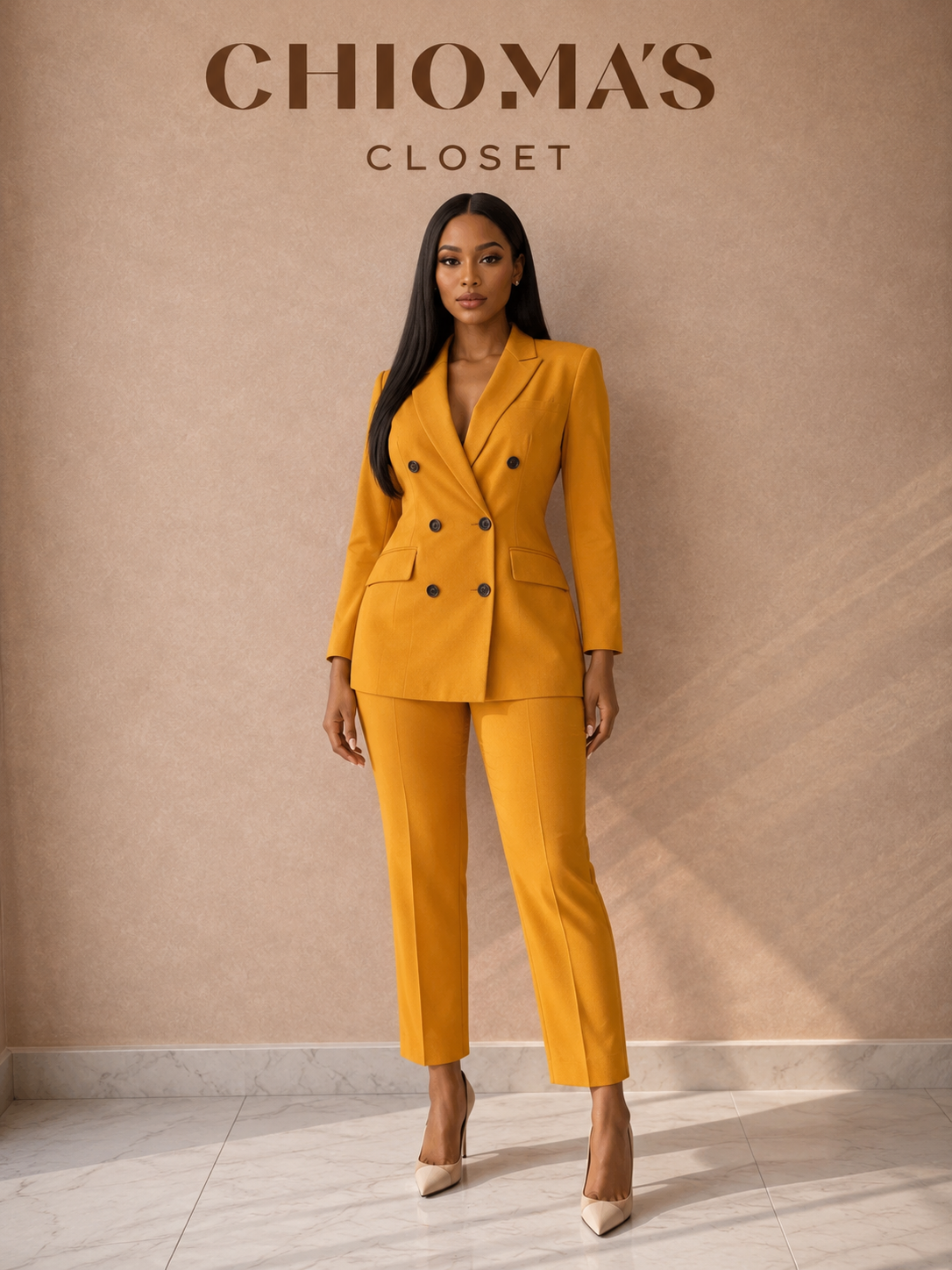 Mustard Set Blazer and Trouser with Black Buttons