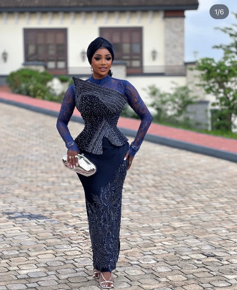 Navy Blue Diamante Skirt and Lace Blouse