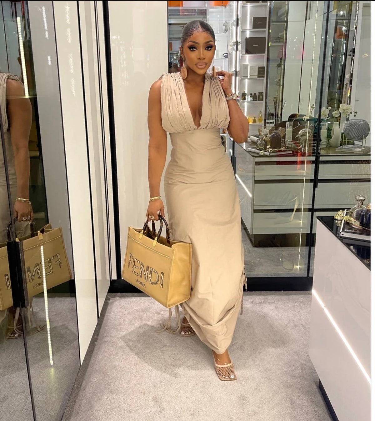 Nude Maxi Dress with Low V-neck