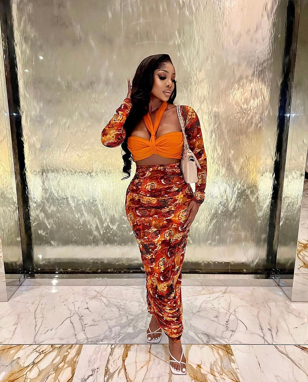 Orange Abstract Print Cut-Out Halter Maxi Dress