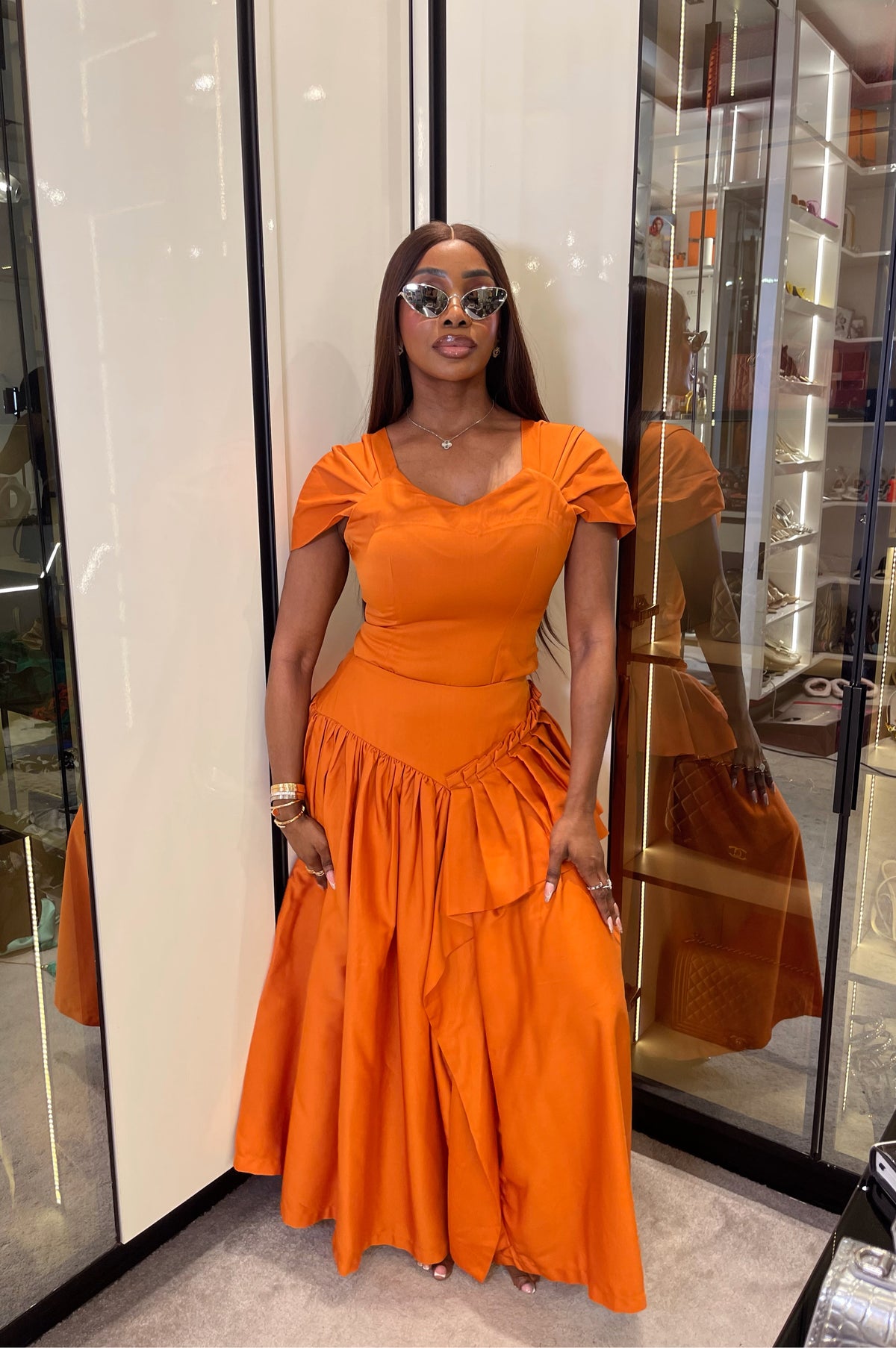 Orange Draped Top & Drop-Waist Skirt Set