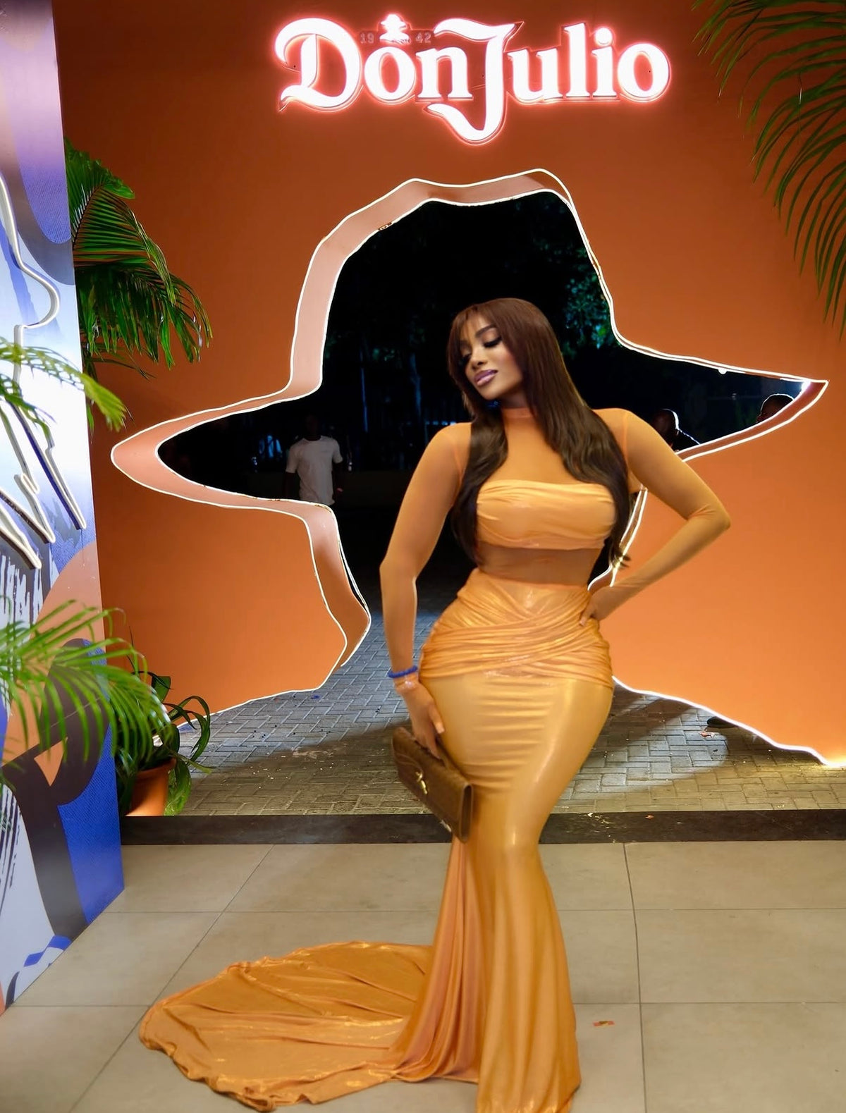 Orange Sheer Waist Bodycon Mermaid Dress