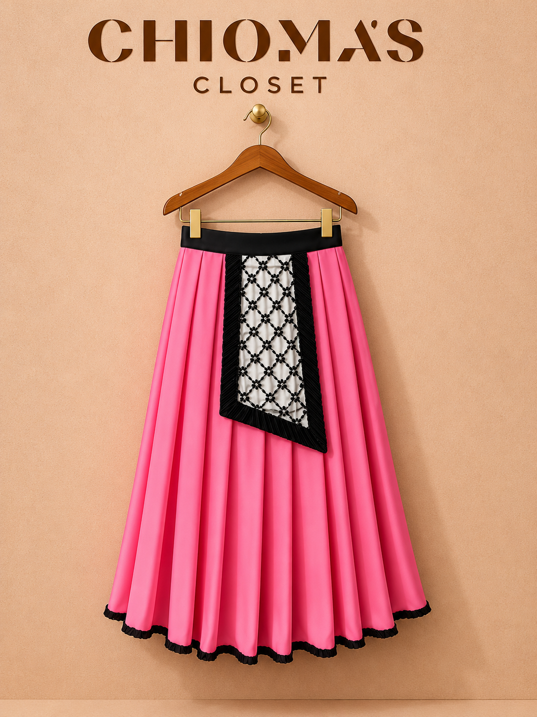 Pink Flared Midi Skirt with Embellished Panel Detail