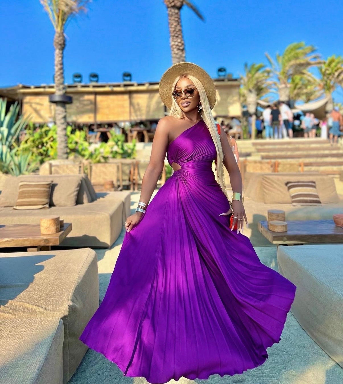 Purple One-shoulder Pleated Maxi Dress