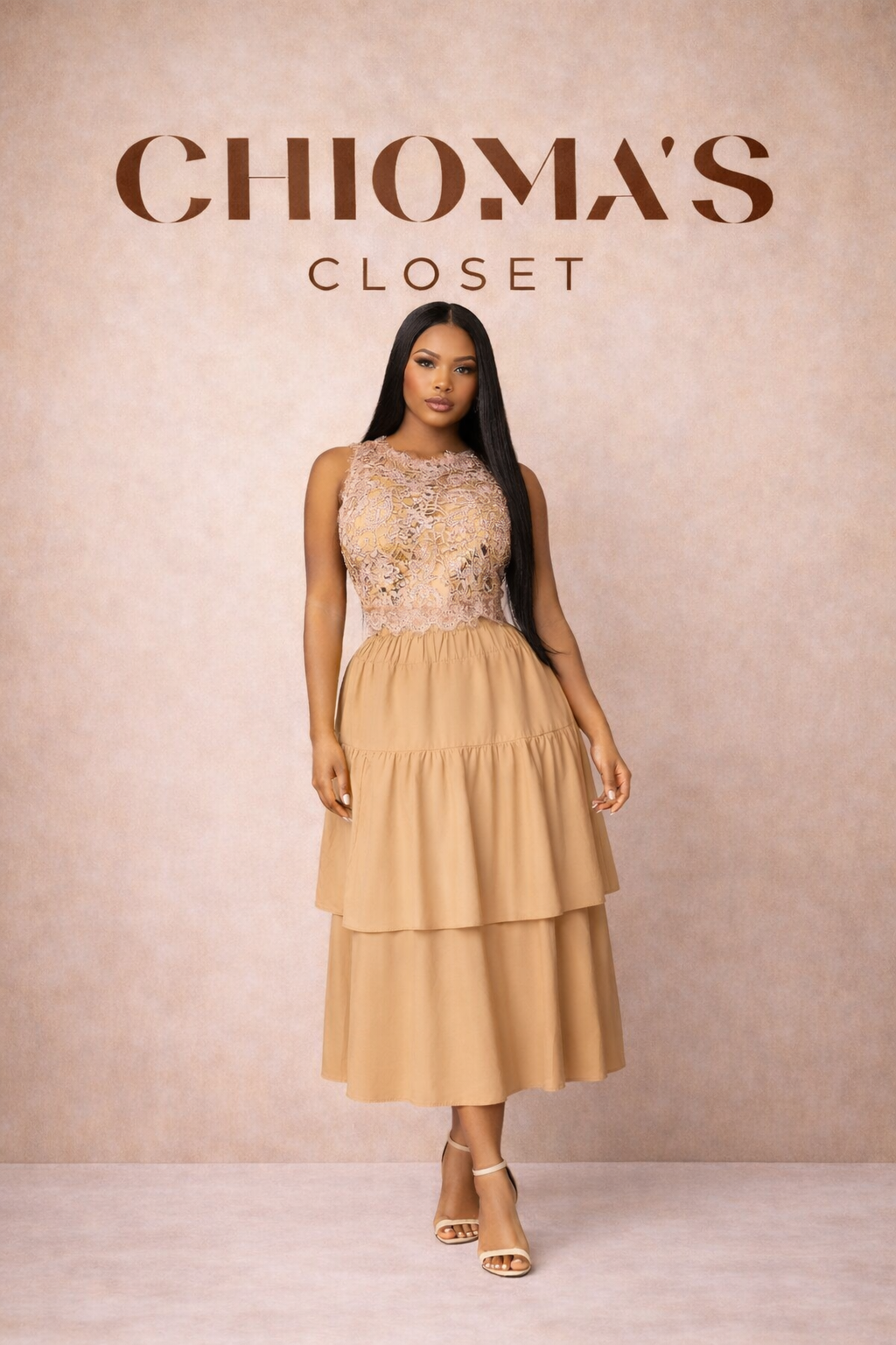 Sleeveless Lace Crop Blouse With Tiered Nude Skirt