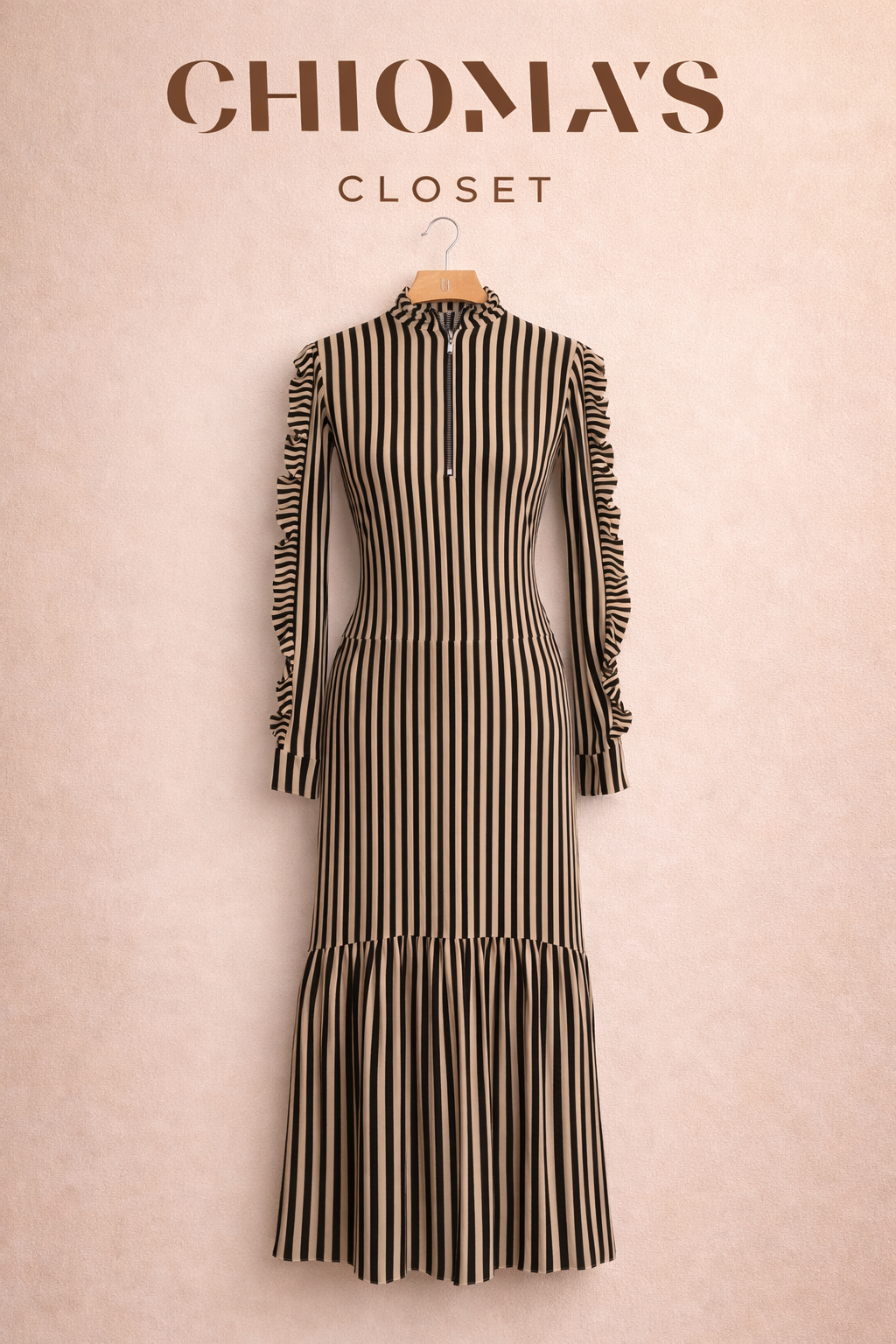 Striped Yellow and Black Maxi Dress with Zip Detail