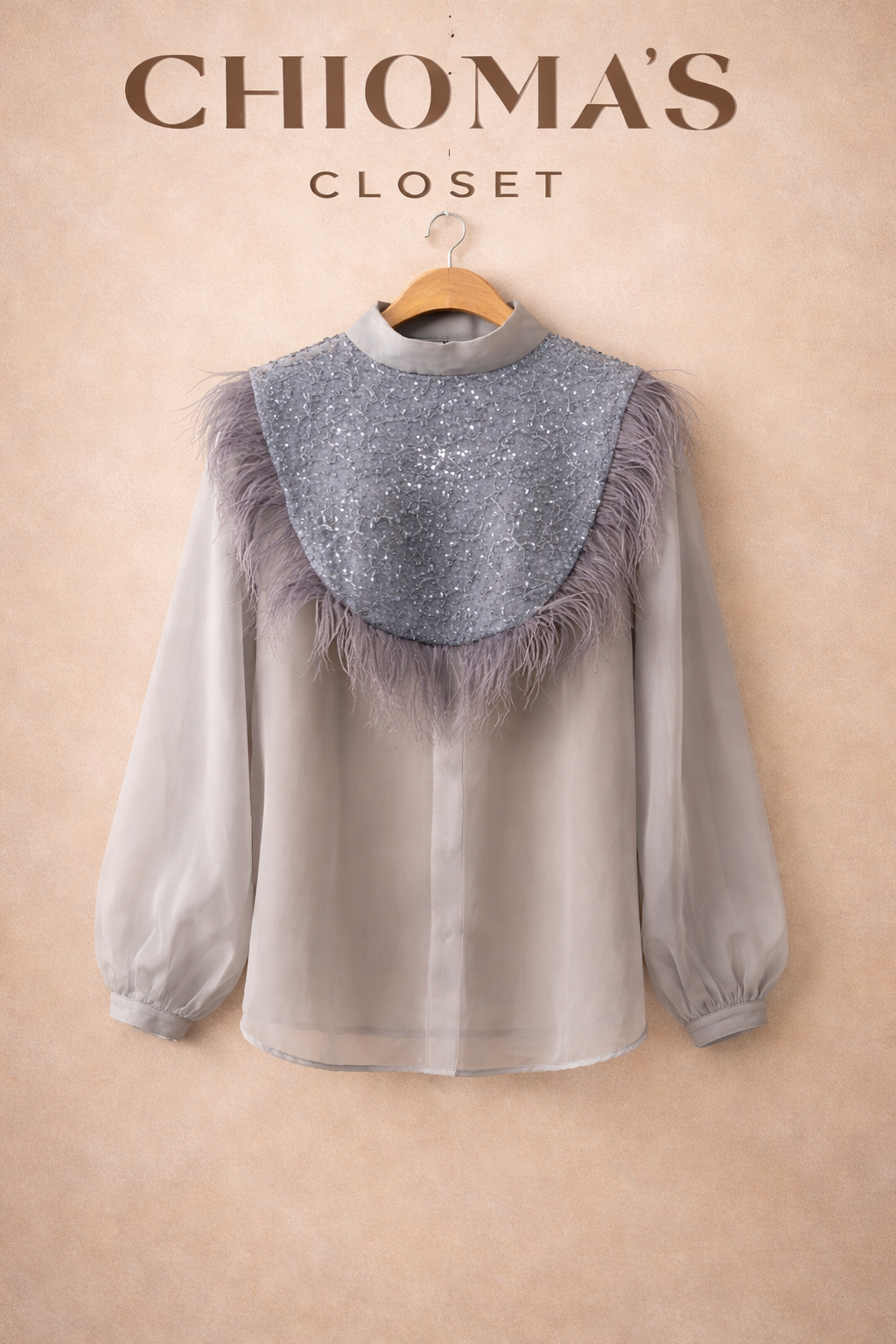 Long-sleeve Organza Blouse with Feather-trimmed Overlay