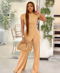 Tan Wide-Leg Tailored Jumpsuit