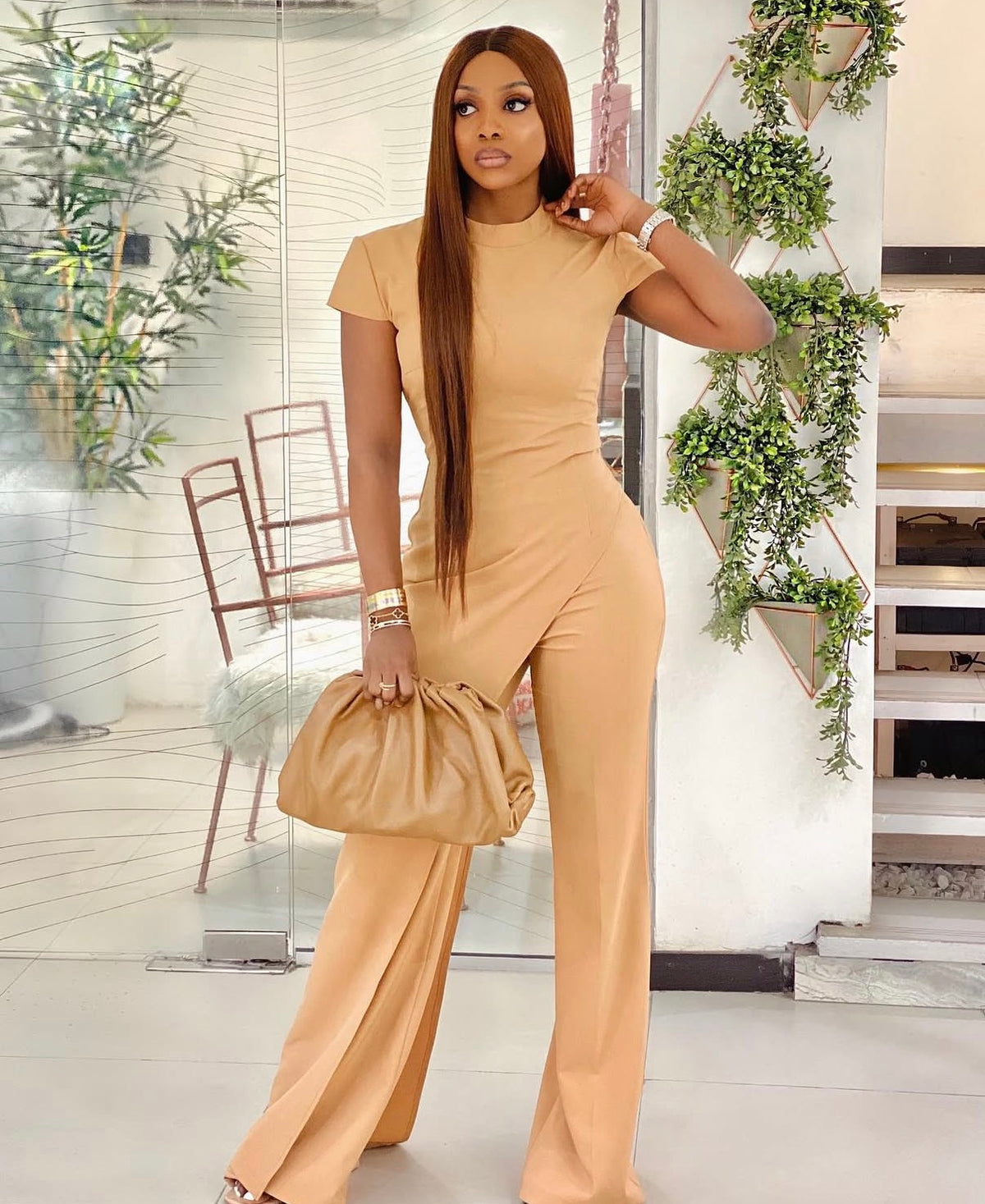 Tan Wide-Leg Tailored Jumpsuit