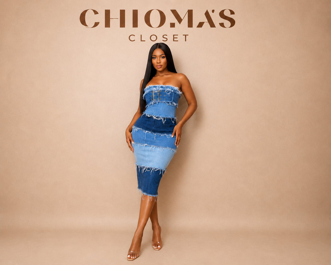 Two-Tone Denim Strapless Midi Dress
