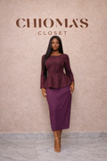 Two-piece set: Burgundy Peplum Blouse With a High-waisted Magenta Pencil Skirt.