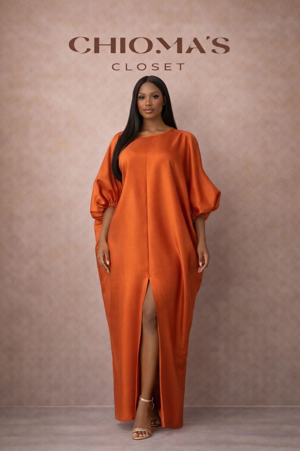 Orange Bubu with Front Slit and Puff-sleeve