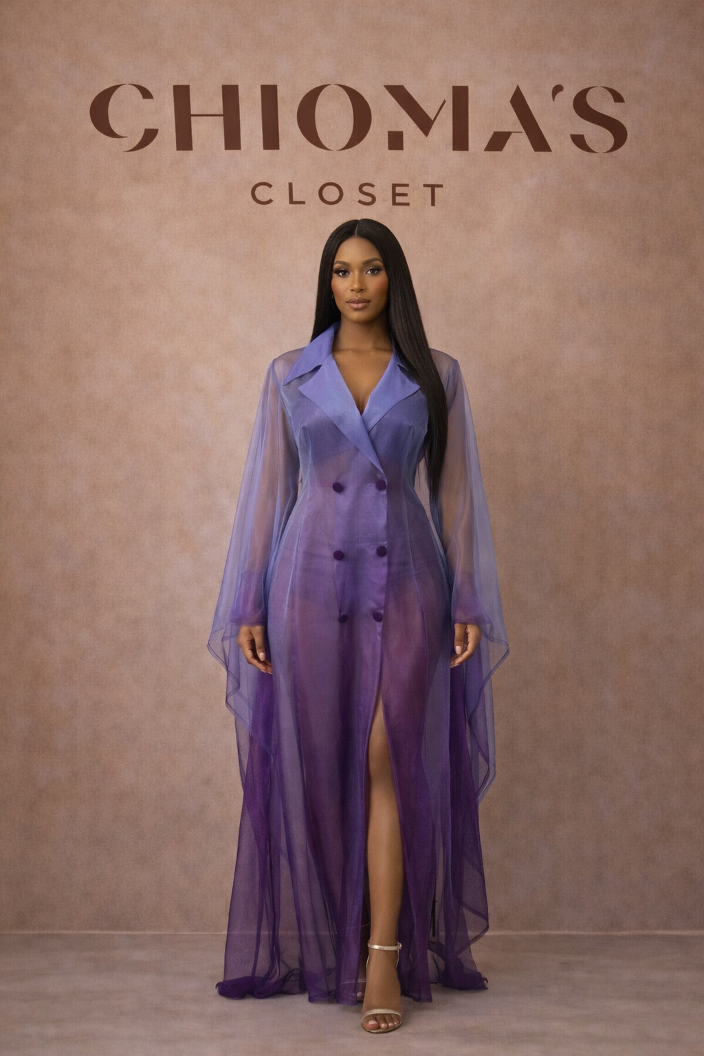 Purple Organza Kaftan Dress with Buttons and Front Slit