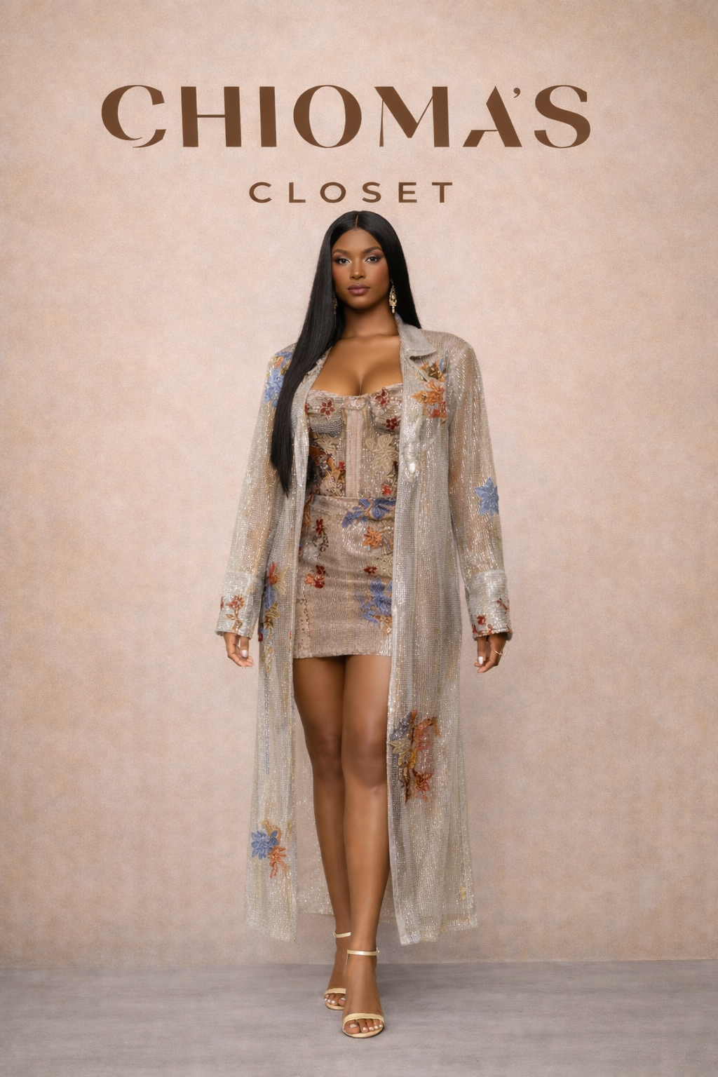 Silver Sequin Kimono Set with Corset Top and Mini Skirt