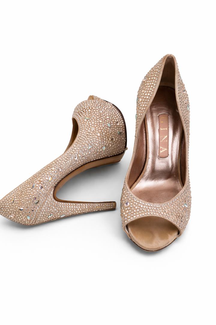 Gina London Crystal-Embellished Satin Peep-Toe Platform Wedge Pumps (UK 5 / EU 38)
