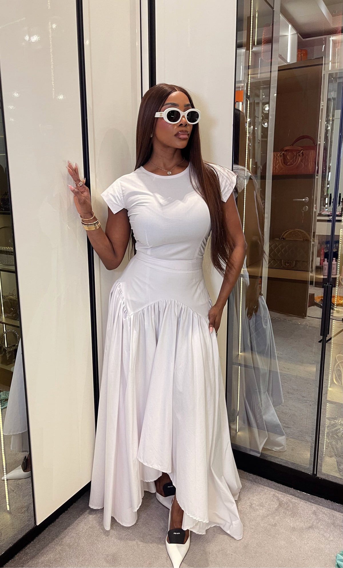 White Sculpted Top & Flared Skirt Set