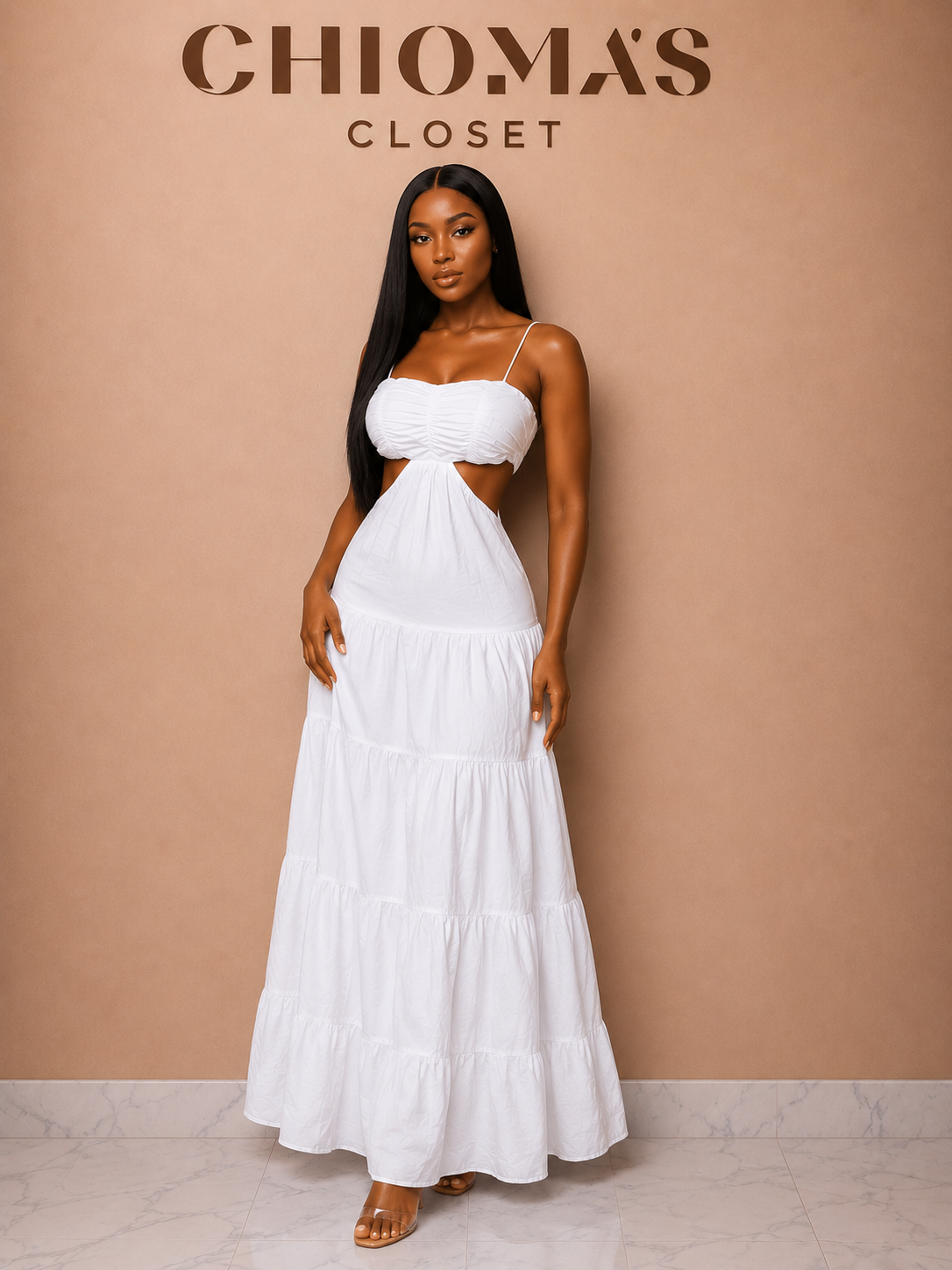 White Tiered Maxi Dress with Waist Cutout Detail