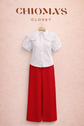 White Exaggerated Collar Blouse with Red Wide Leg Pants