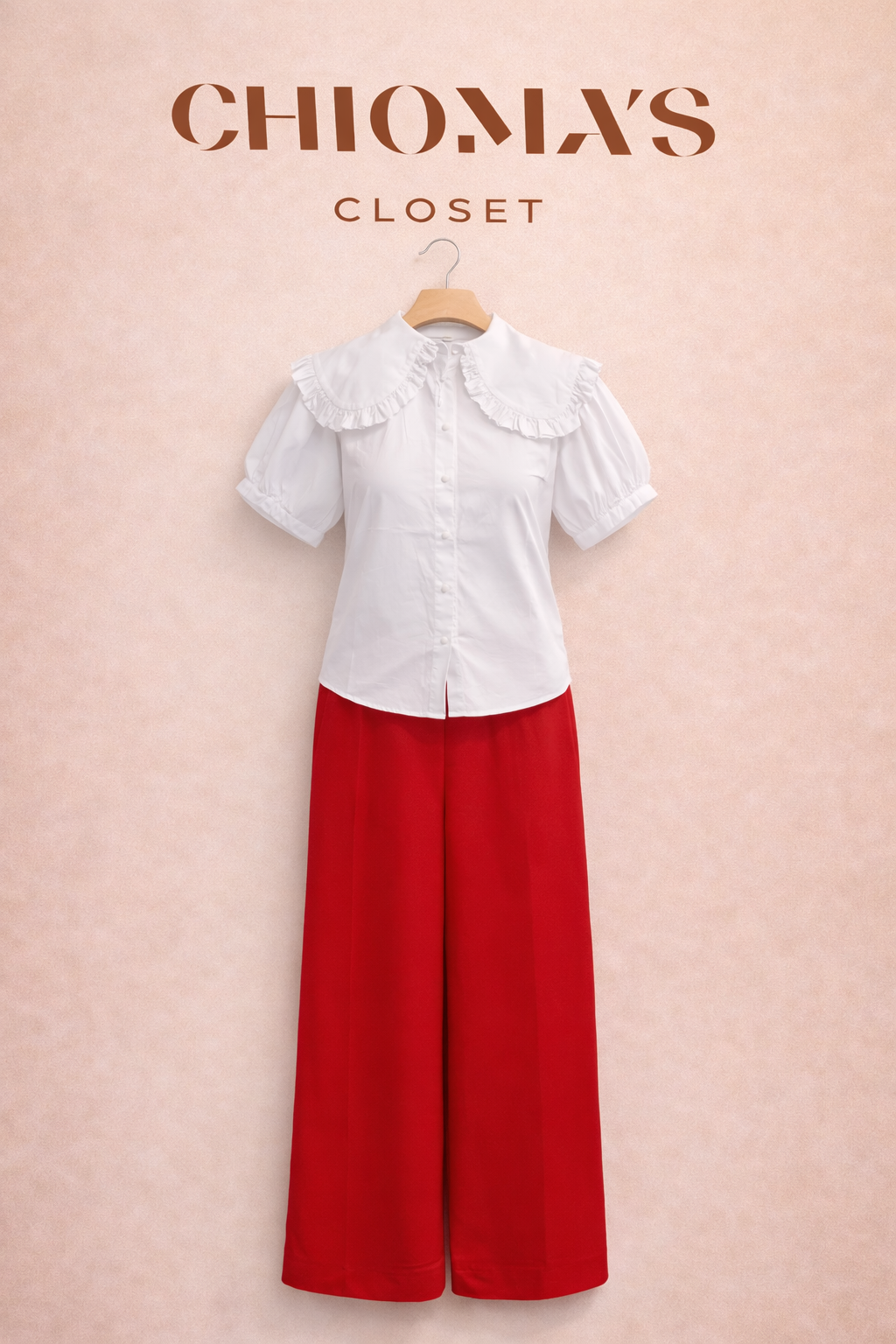 White Exaggerated Collar Blouse with Red Wide Leg Pants