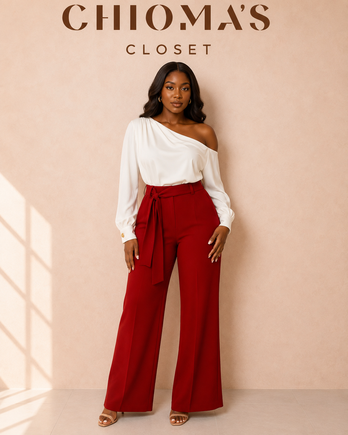 White Off-shoulder Blouse and Red Pants