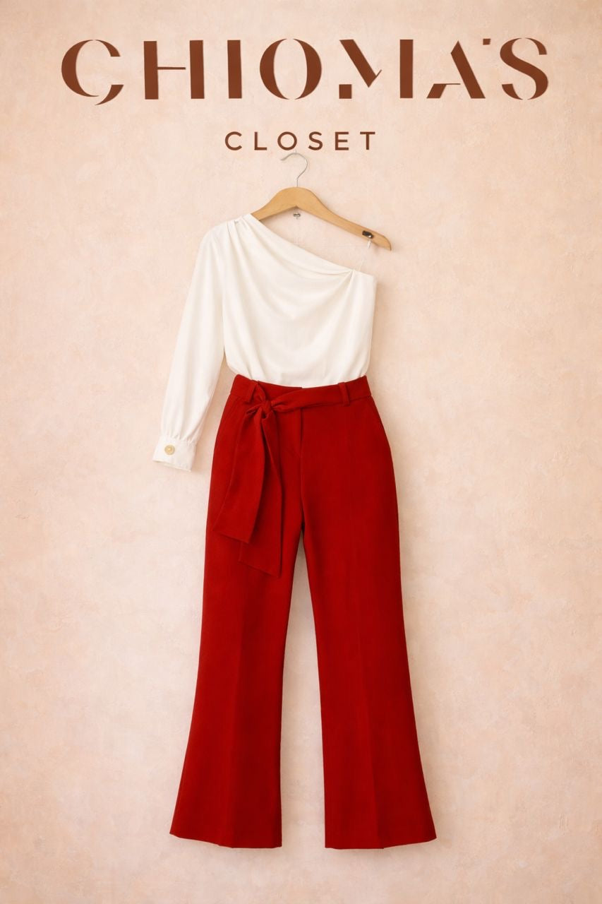 White Off-shoulder Blouse and Red Pants