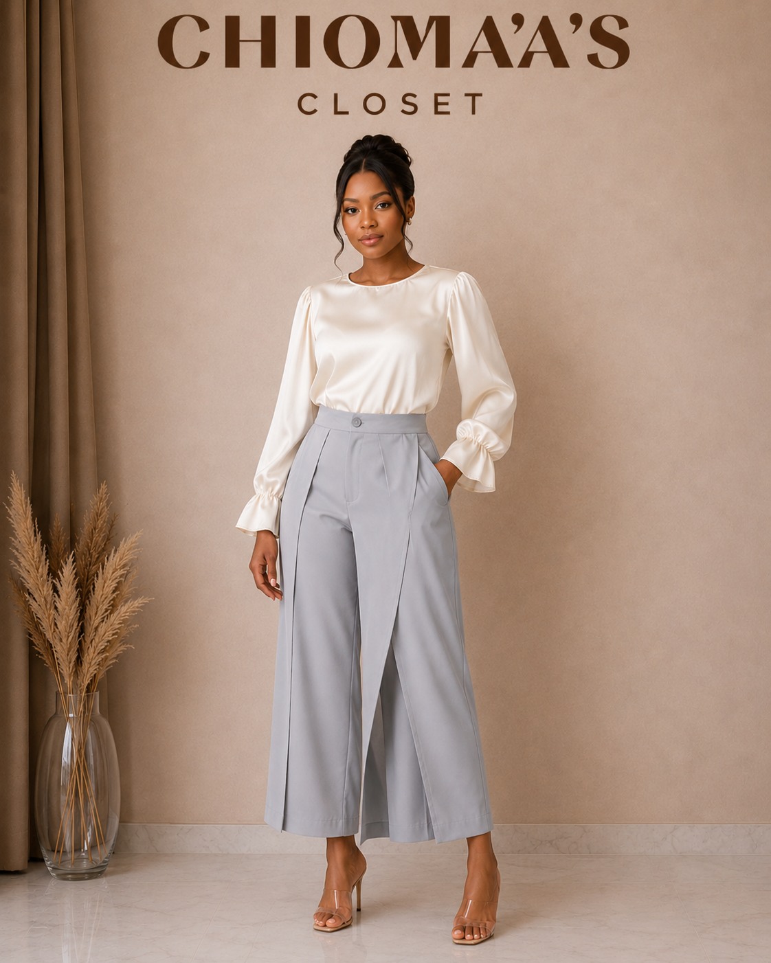 White and Grey Blouse and Trousers