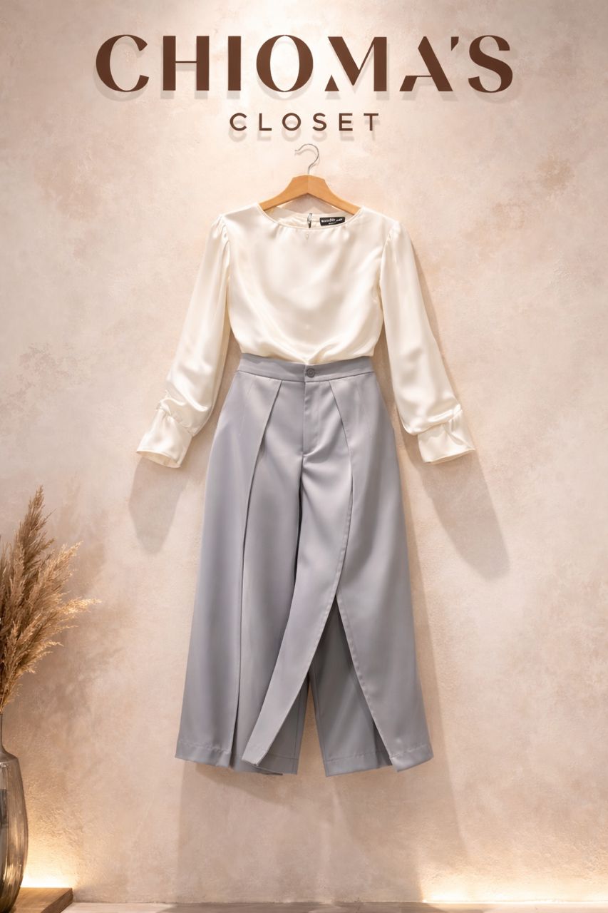 White and Grey Blouse and Trousers