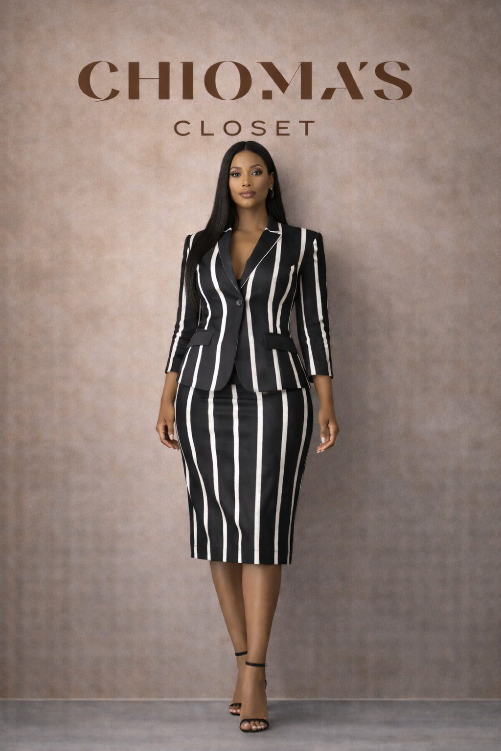 Black and white Stripe Blazer and Skirt Set